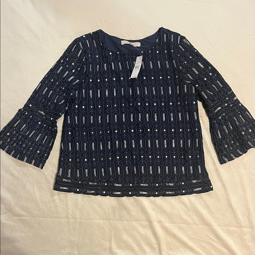 Loft Navy Blue Patterned Blouse - image 1